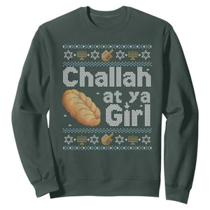 Funny Hanukkah Sweatshirt Challah At Ya Girl Jewish Holiday TS11 Dark Forest Green Print Your Wear