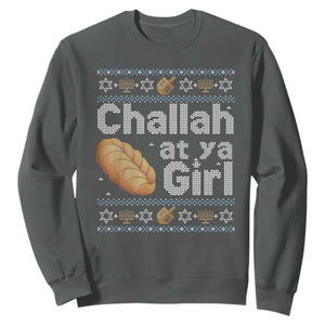 Funny Hanukkah Sweatshirt Challah At Ya Girl Jewish Holiday TS11 Dark Heather Print Your Wear