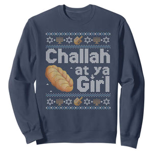Funny Hanukkah Sweatshirt Challah At Ya Girl Jewish Holiday TS11 Navy Print Your Wear