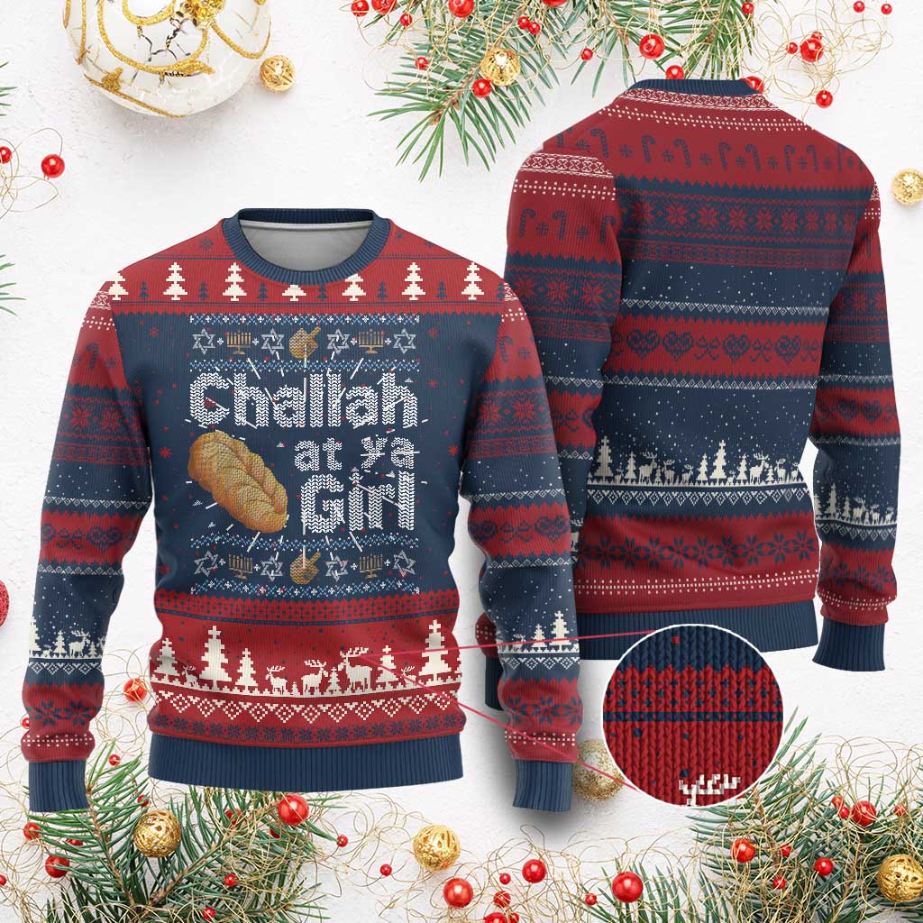 Funny Hanukkah Ugly Christmas Sweater Challah At Ya Girl Jewish Holiday TS11 Burgundy Print Your Wear
