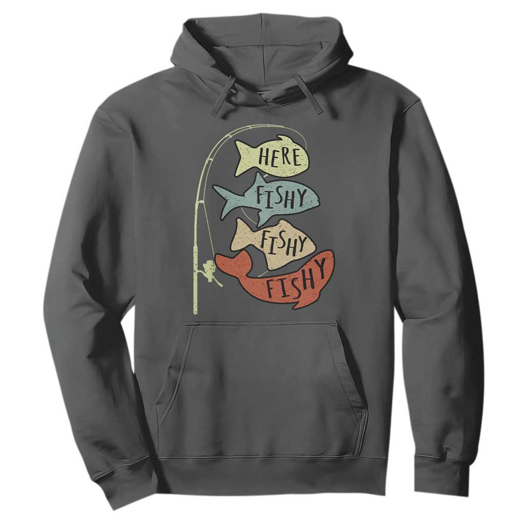 Funny Here Fishy Fishy Retro Fisherman Hoodie TS11 Dark Heather Print Your Wear