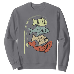 Funny Here Fishy Fishy Retro Fisherman Sweatshirt TS11 Charcoal Print Your Wear