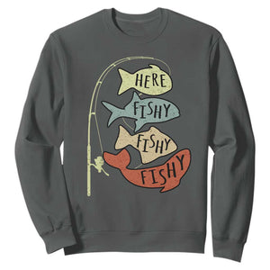 Funny Here Fishy Fishy Retro Fisherman Sweatshirt TS11 Dark Heather Print Your Wear