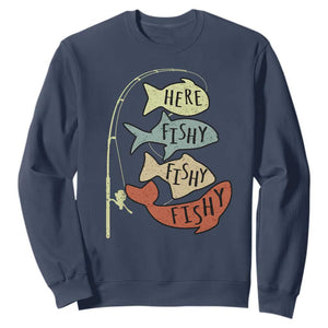 Funny Here Fishy Fishy Retro Fisherman Sweatshirt TS11 Navy Print Your Wear