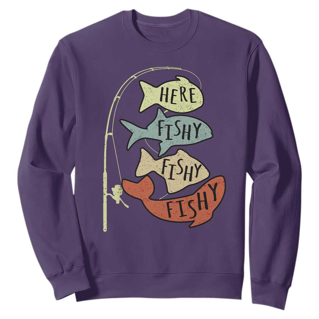 Funny Here Fishy Fishy Retro Fisherman Sweatshirt TS11 Purple Print Your Wear