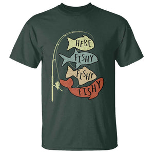 Funny Here Fishy Fishy Retro Fisherman T Shirt TS11 Dark Forest Green Print Your Wear
