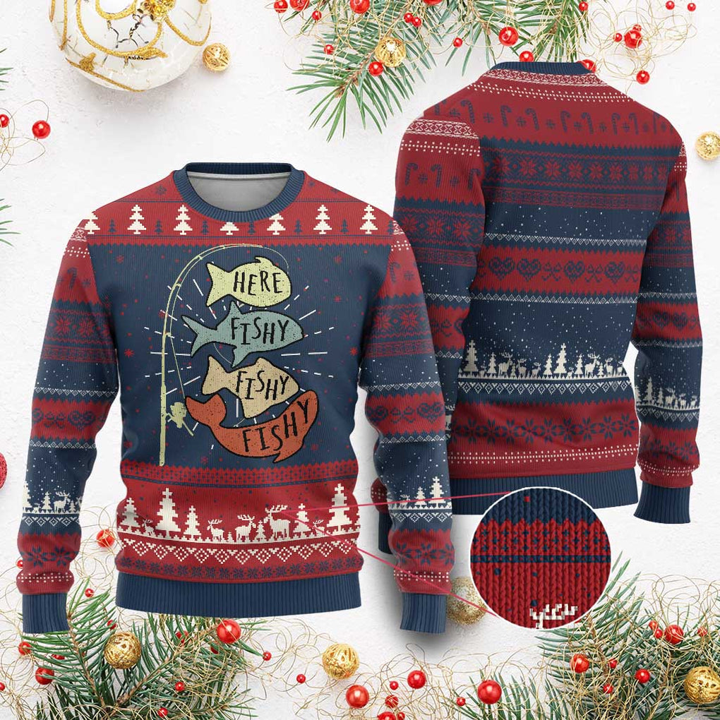 Funny Here Fishy Fishy Retro Fisherman Ugly Christmas Sweater TS11 Burgundy Print Your Wear