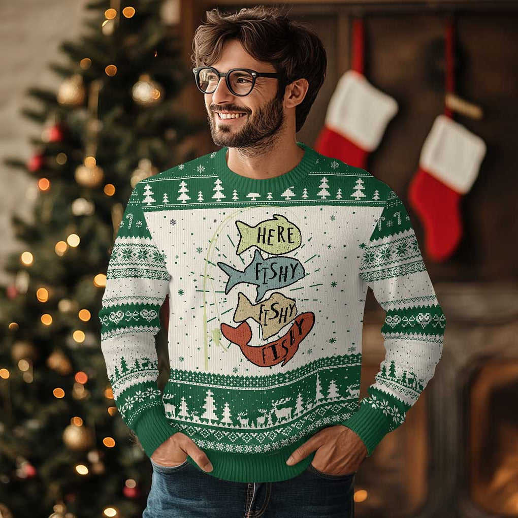Funny Here Fishy Fishy Retro Fisherman Ugly Christmas Sweater TS11 Green Print Your Wear