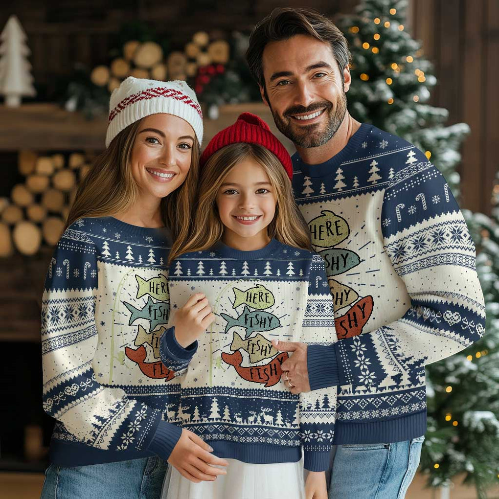 Funny Here Fishy Fishy Retro Fisherman Ugly Christmas Sweater TS11 Navy Print Your Wear