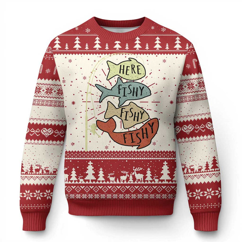 Funny Here Fishy Fishy Retro Fisherman Ugly Christmas Sweater TS11 Red Print Your Wear
