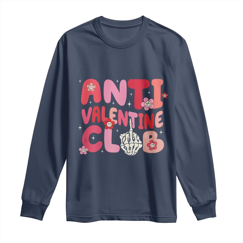 Funny Anti Valentine Club Long Sleeve Shirt Retro Anti Valentine's Day Middle Finger TS11 Navy Print Your Wear