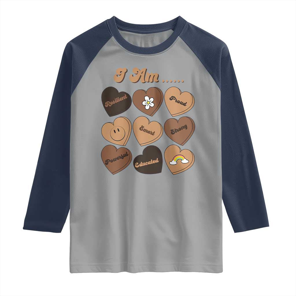 African American Proud Black History Month Raglan Shirt Melanin Hearts TS11 Sport Gray Navy Print Your Wear