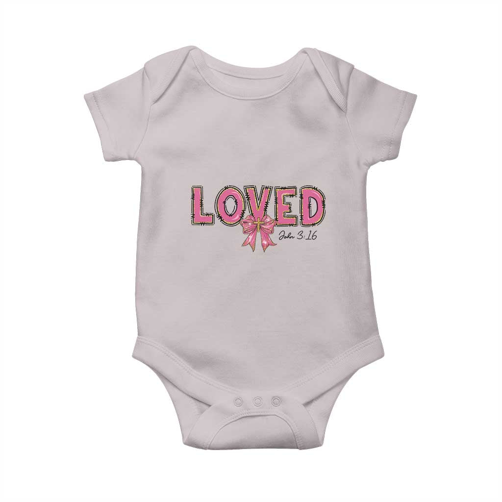 Loved John 3:16 Baby Onesie Christian Religious God Bible Verses Valentine's Day Pink Bow TS11 Ice Gray Print Your Wear
