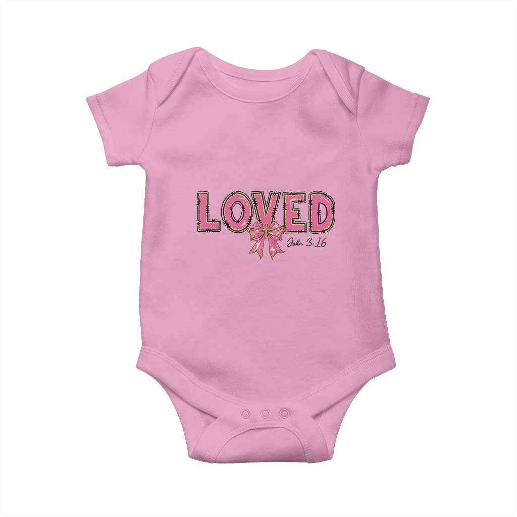Loved John 3:16 Baby Onesie Christian Religious God Bible Verses Valentine's Day Pink Bow TS11 Light Pink Print Your Wear