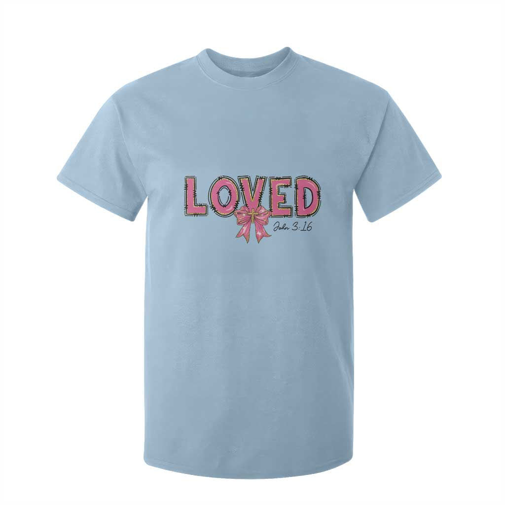 Loved John 3:16 T Shirt For Kid Christian Religious God Bible Verses Valentine's Day Pink Bow TS11 Light Blue Print Your Wear