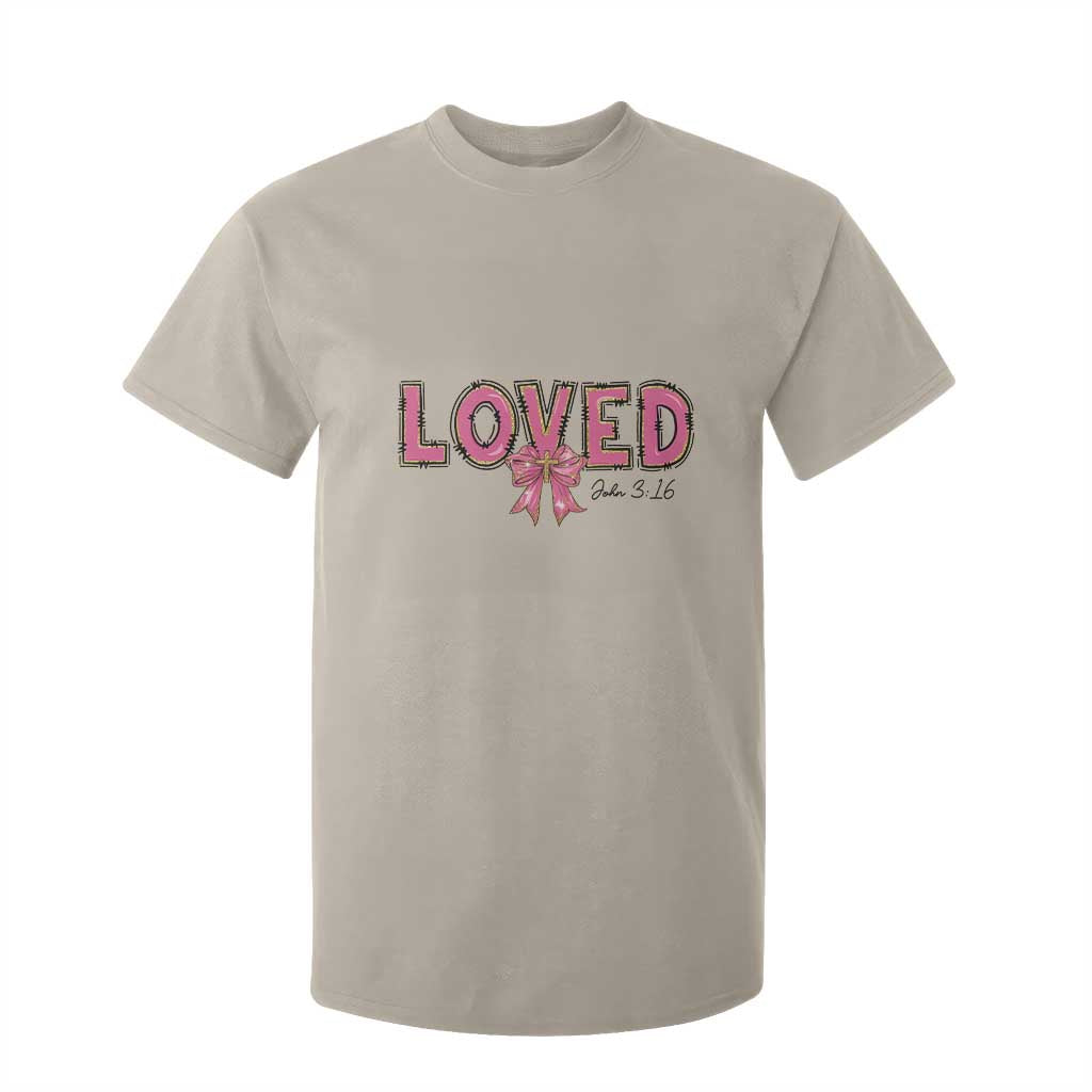Loved John 3:16 T Shirt For Kid Christian Religious God Bible Verses Valentine's Day Pink Bow TS11 Sand Print Your Wear