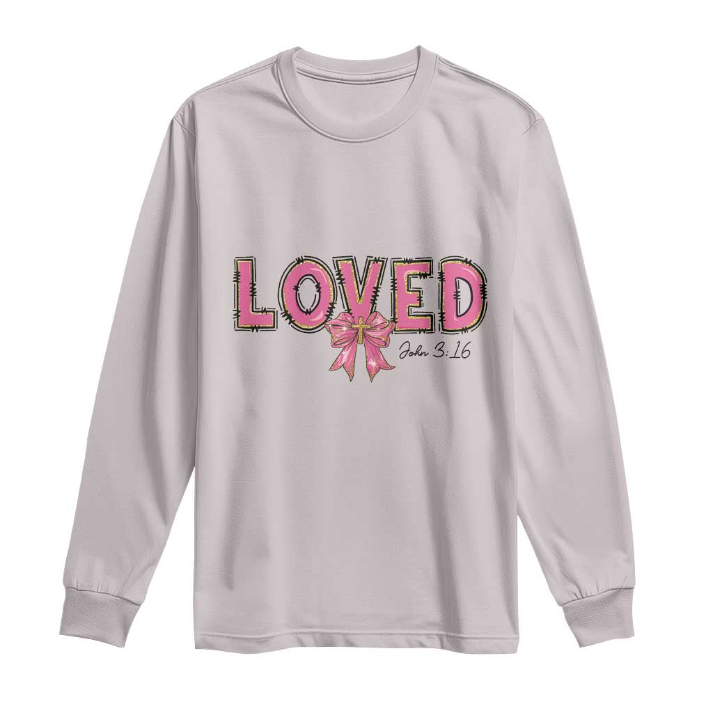 Loved John 3:16 Long Sleeve Shirt Christian Religious God Bible Verses Valentine's Day Pink Bow TS11 Ice Gray Print Your Wear