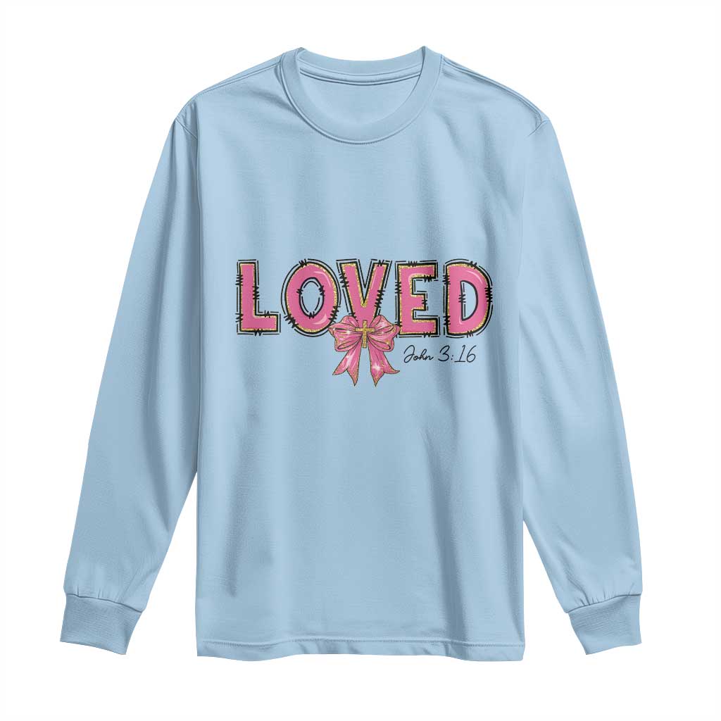 Loved John 3:16 Long Sleeve Shirt Christian Religious God Bible Verses Valentine's Day Pink Bow TS11 Light Blue Print Your Wear