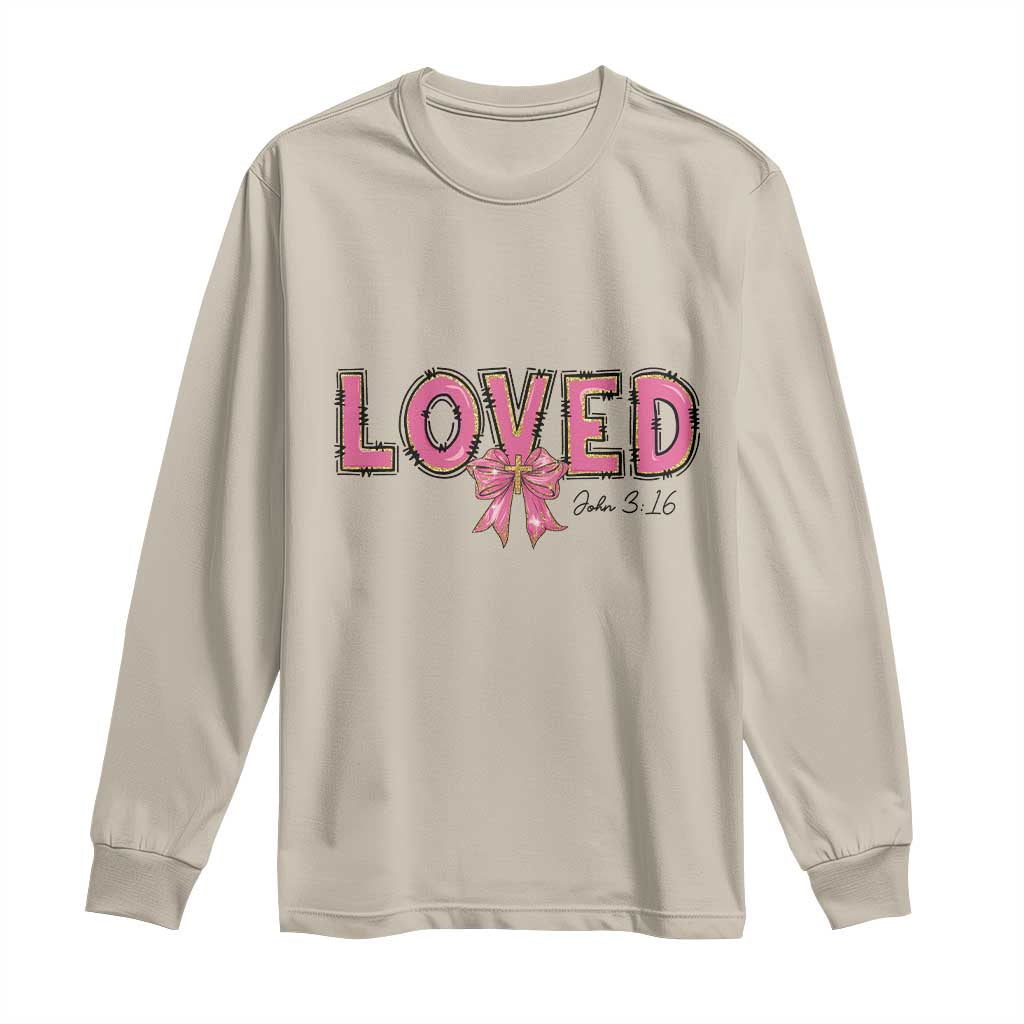 Loved John 3:16 Long Sleeve Shirt Christian Religious God Bible Verses Valentine's Day Pink Bow TS11 Sand Print Your Wear