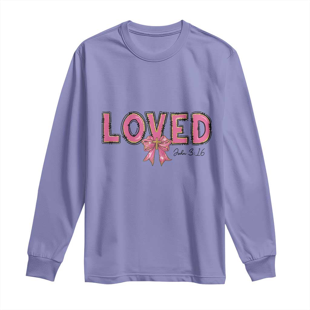 Loved John 3:16 Long Sleeve Shirt Christian Religious God Bible Verses Valentine's Day Pink Bow TS11 Violet Print Your Wear