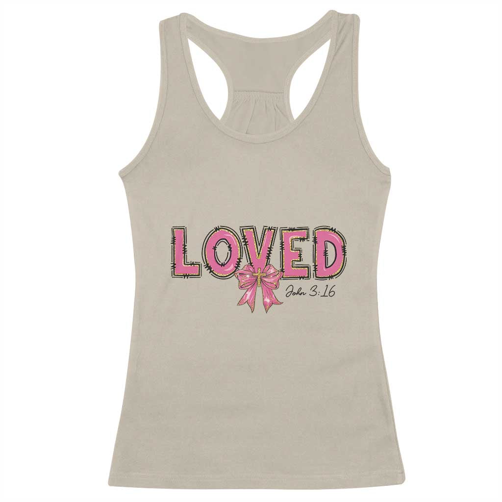 Loved John 3:16 Racerback Tank Top Christian Religious God Bible Verses Valentine's Day Pink Bow TS11 Sand Print Your Wear