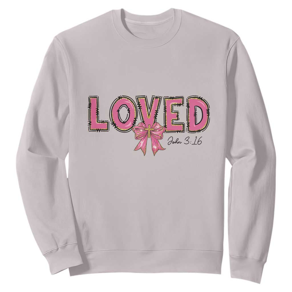 Loved John 3:16 Sweatshirt Christian Religious God Bible Verses Valentine's Day Pink Bow TS11 Ice Gray Print Your Wear