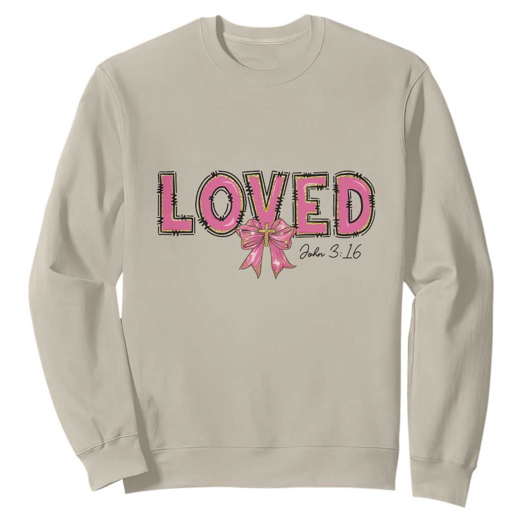 Loved John 3:16 Sweatshirt Christian Religious God Bible Verses Valentine's Day Pink Bow TS11 Sand Print Your Wear