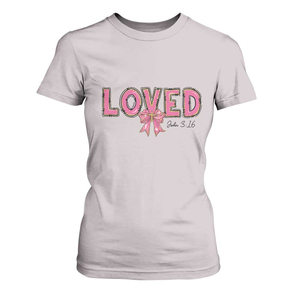 Loved John 3:16 T Shirt For Women Christian Religious God Bible Verses Valentine's Day Pink Bow TS11 Ice Gray Print Your Wear