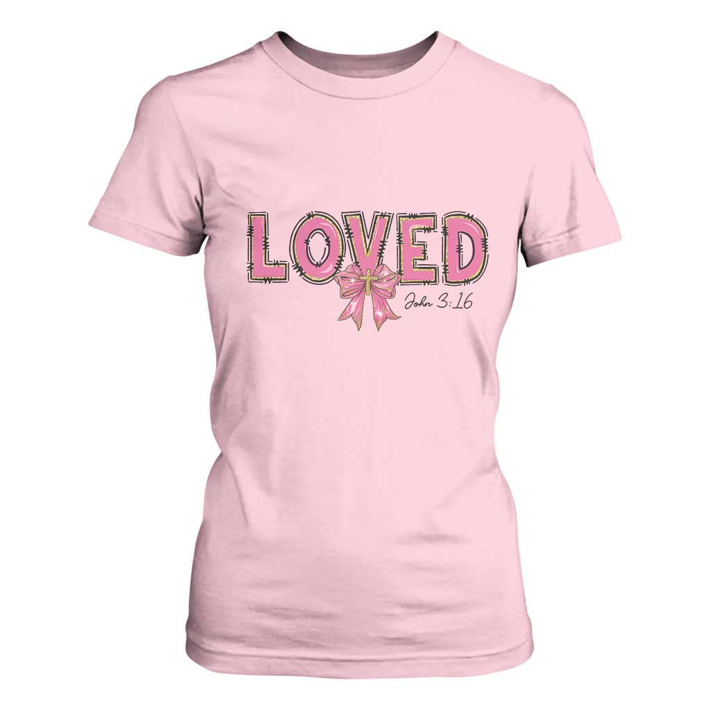 Loved John 3:16 T Shirt For Women Christian Religious God Bible Verses Valentine's Day Pink Bow TS11 Light Pink Print Your Wear