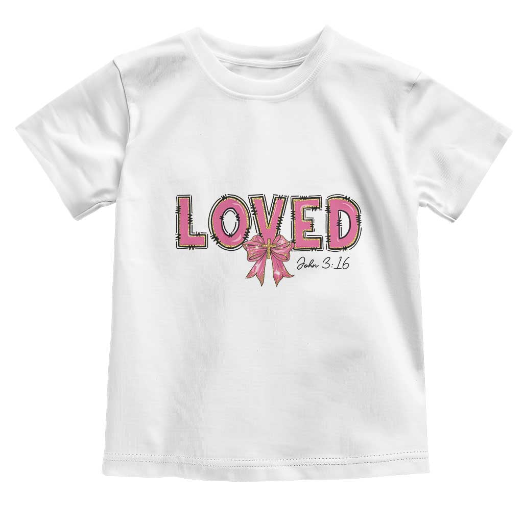 Loved John 3:16 Toddler T Shirt Christian Religious God Bible Verses Valentine's Day Pink Bow TS11 White Print Your Wear