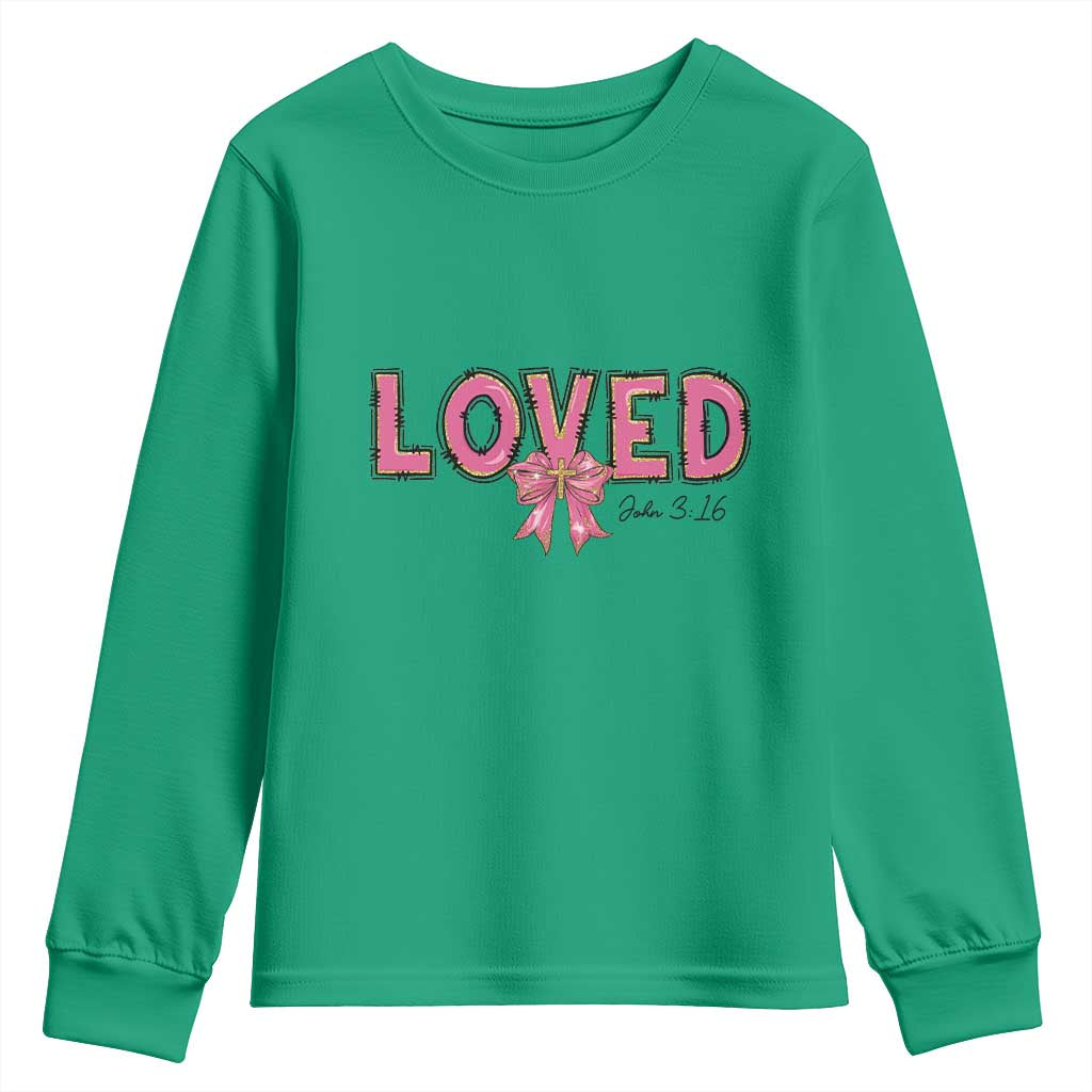 Loved John 3:16 Youth Sweatshirt Christian Religious God Bible Verses Valentine's Day Pink Bow TS11 Irish Green Print Your Wear