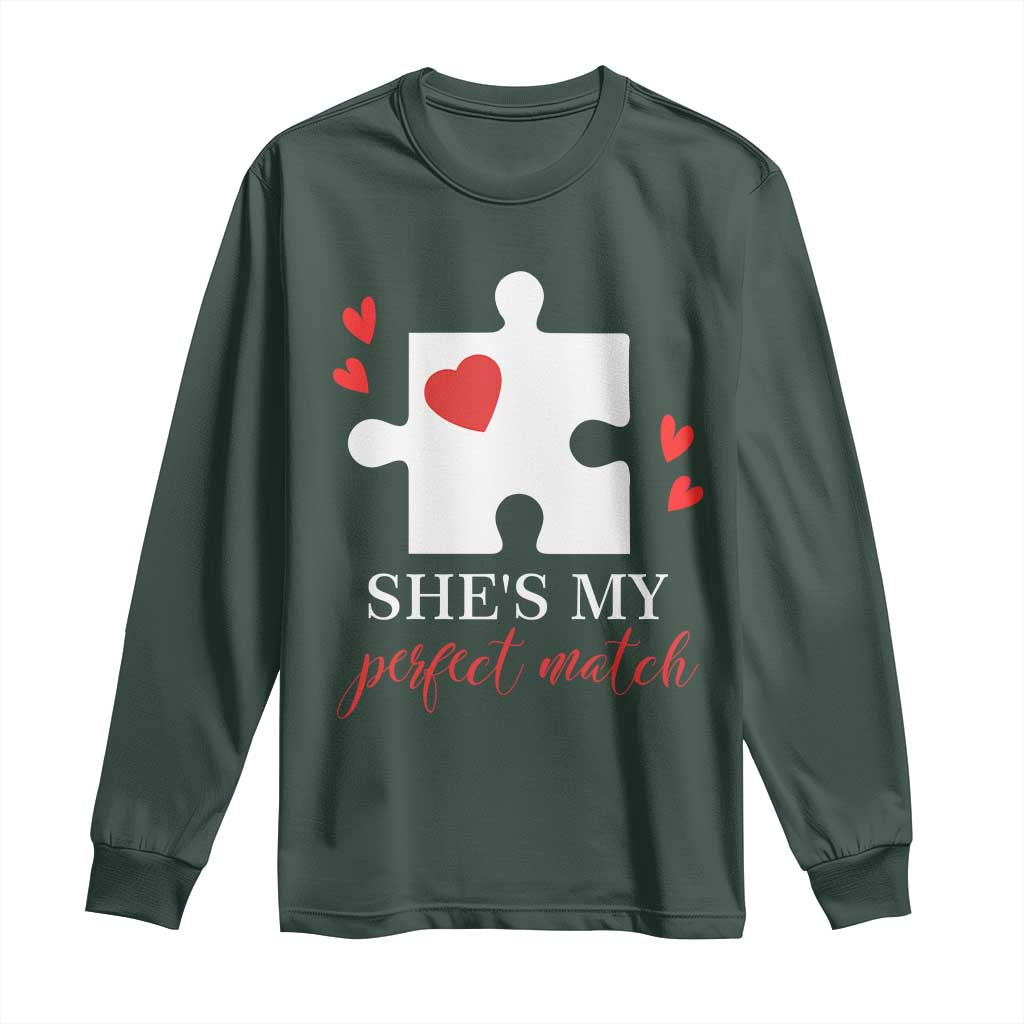 Funny She's My Perfect Match Valentine's Day Couple Matching Long Sleeve Shirt TS11 Dark Forest Green Print Your Wear