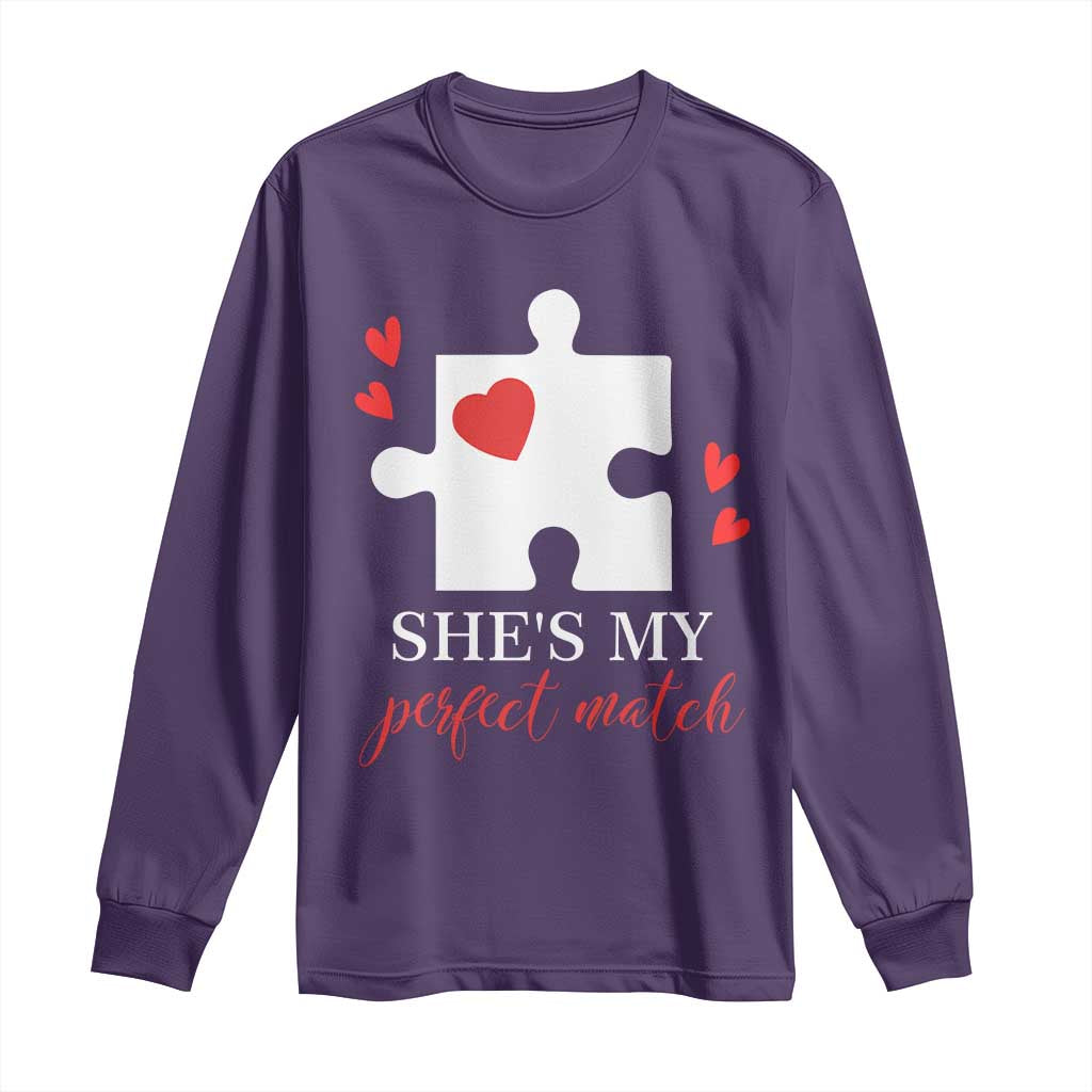 Funny She's My Perfect Match Valentine's Day Couple Matching Long Sleeve Shirt TS11 Purple Print Your Wear