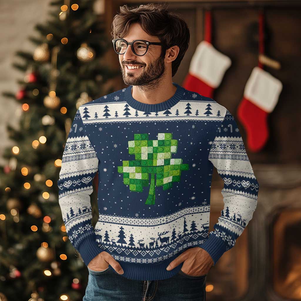 Funny St Patricks Day Shamrock Building Blocks Bricks Ugly Christmas Sweater TS11 Navy Beige Print Your Wear
