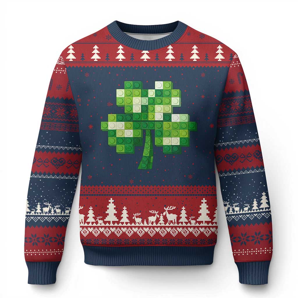 Funny St Patricks Day Shamrock Building Blocks Bricks Ugly Christmas Sweater TS11 Navy Red Print Your Wear