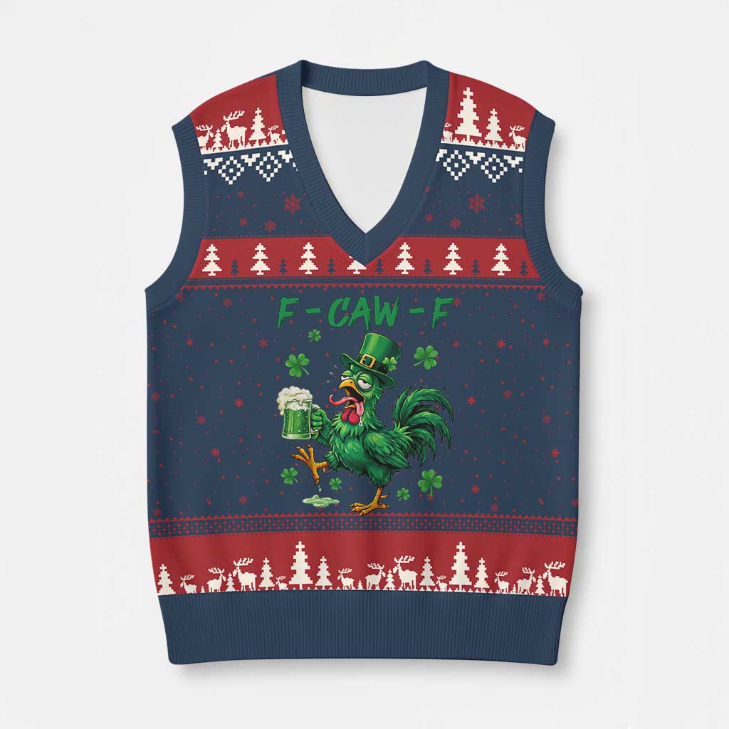 Funny F Caw F Chicken St Patricks Day V-Neck Knit Sweater Vest Irish Beer Drinking Shamrock Print TS11 Navy Red Print Your Wear