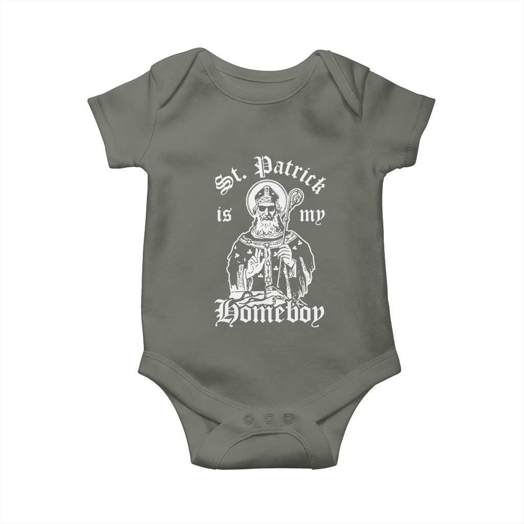 Saint Patrick Is My Homeboy Baby Onesie Funny St Patricks Day TS11 Military Green Print Your Wear