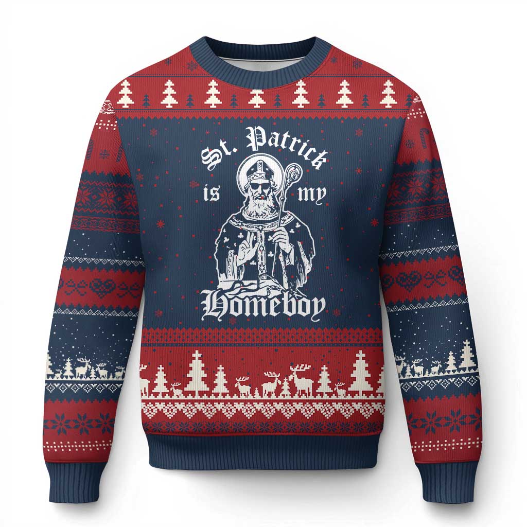 Saint Patrick Is My Homeboy Ugly Christmas Sweater Funny St Patricks Day TS11 Navy Red Print Your Wear