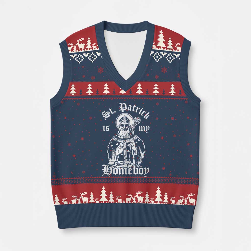 Saint Patrick Is My Homeboy V-Neck Knit Sweater Vest Funny St Patricks Day TS11 Navy Red Print Your Wear