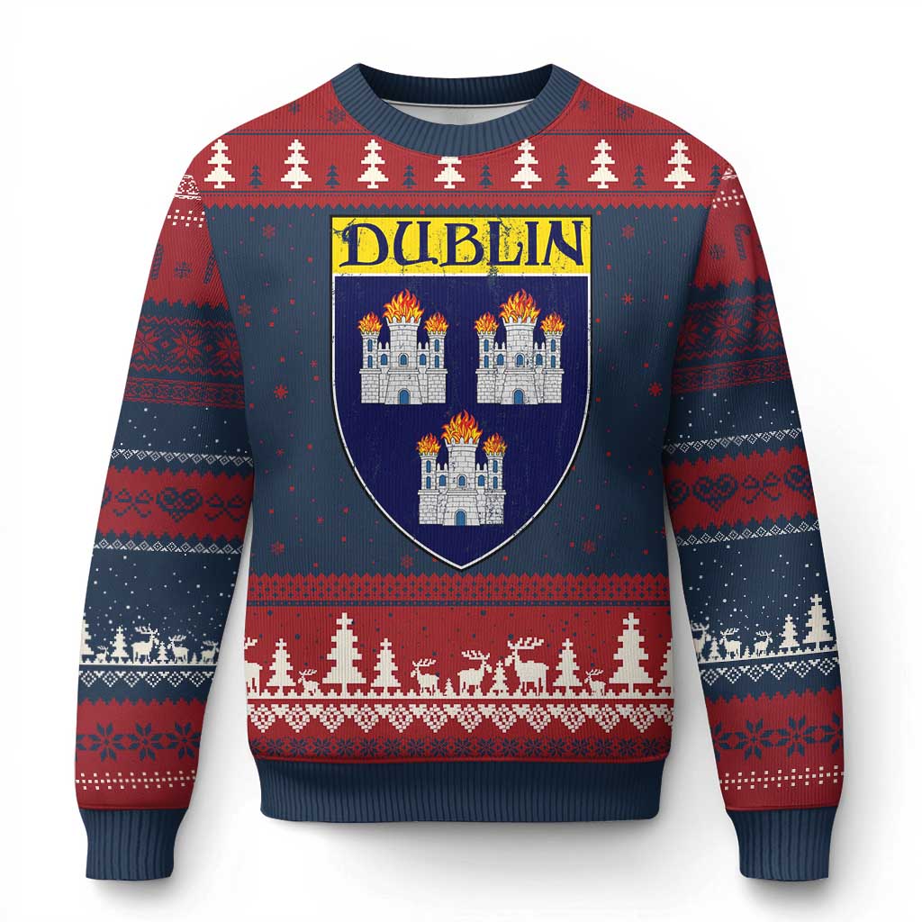 Dublin Ireland Ugly Christmas Sweater The Coat of Arms of Dublin Three Burning Castles TS11 Navy Red Print Your Wear