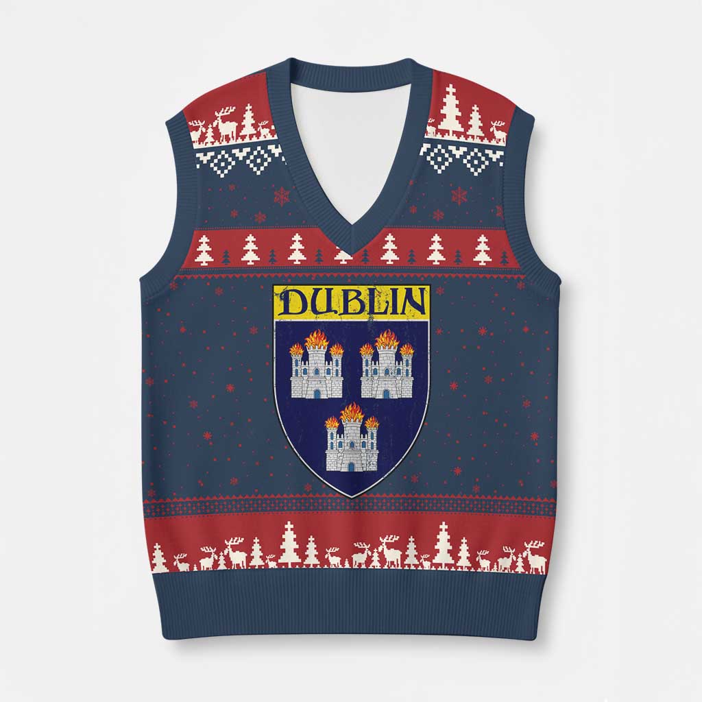 Dublin Ireland V-Neck Knit Sweater Vest The Coat of Arms of Dublin Three Burning Castles TS11 Navy Red Print Your Wear