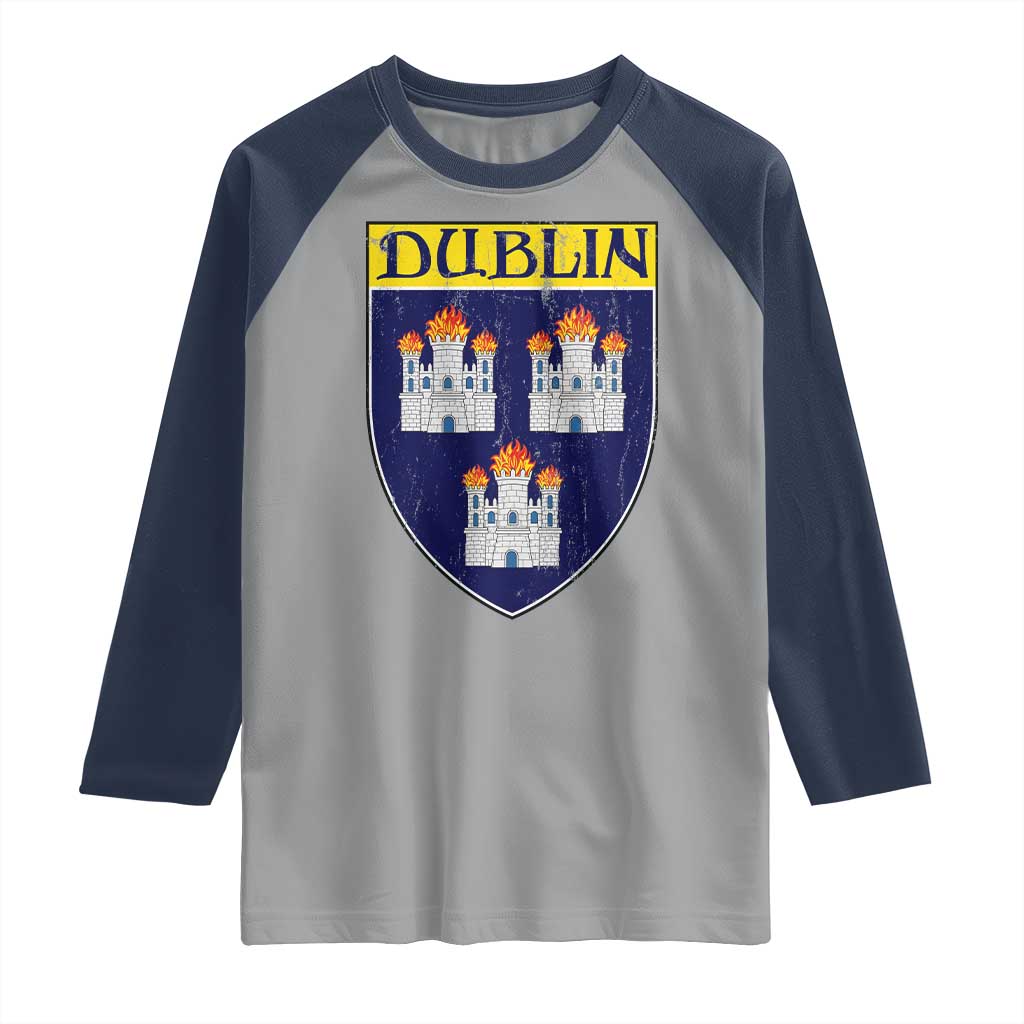 Dublin Ireland Raglan Shirt The Coat of Arms of Dublin Three Burning Castles TS11 Sport Gray Navy Print Your Wear