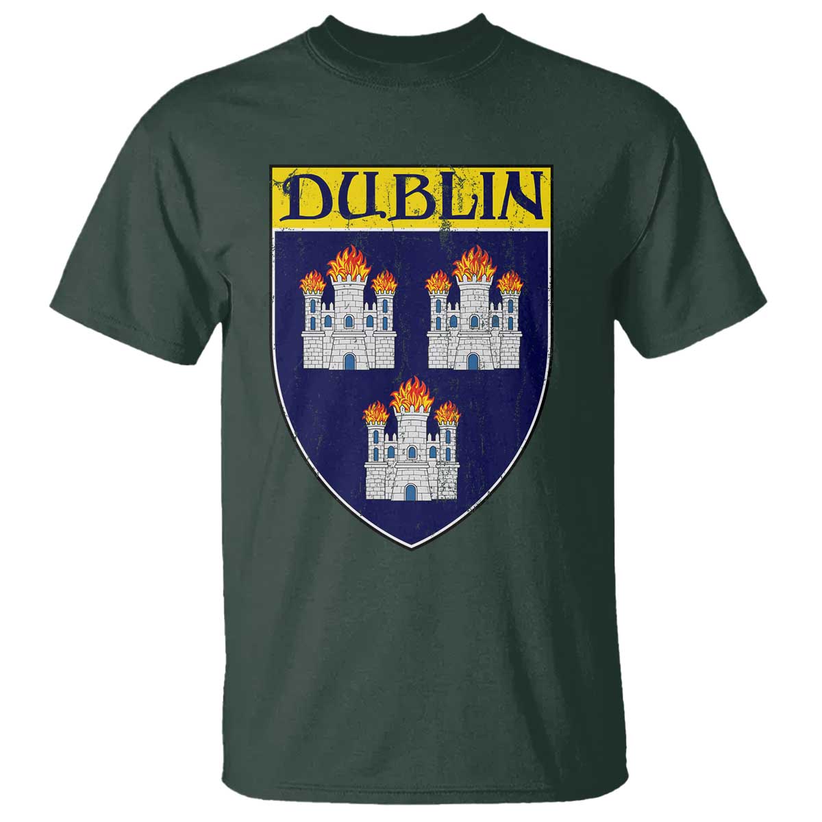 Dublin Ireland T Shirt The Coat of Arms of Dublin Three Burning Castles TS11 Dark Forest Green Print Your Wear