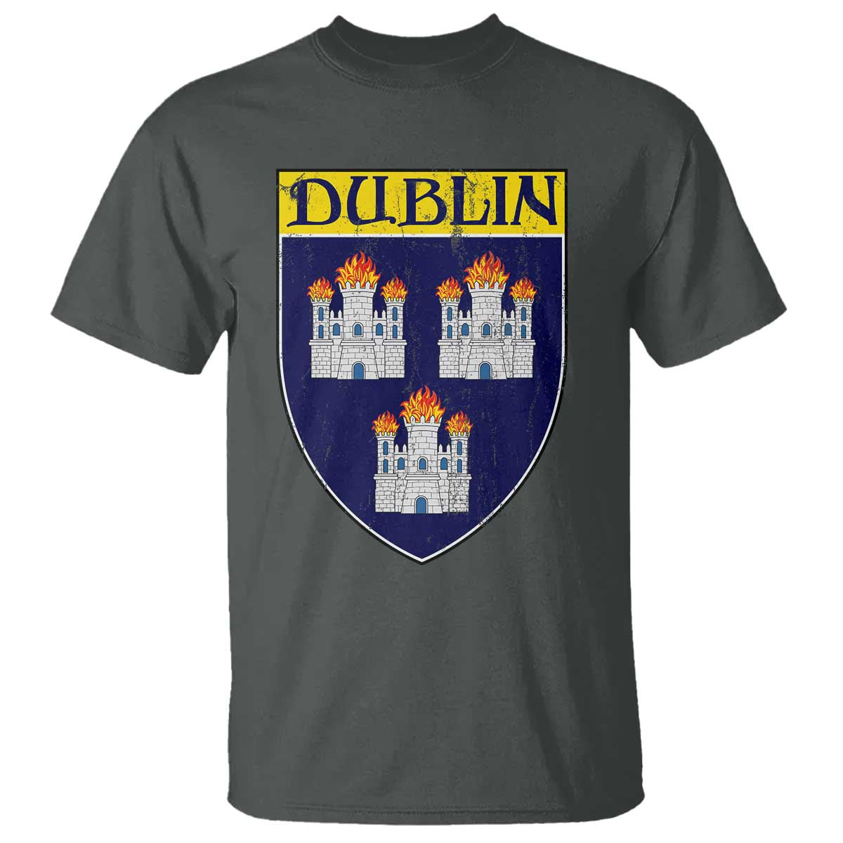 Dublin Ireland T Shirt The Coat of Arms of Dublin Three Burning Castles TS11 Dark Heather Print Your Wear
