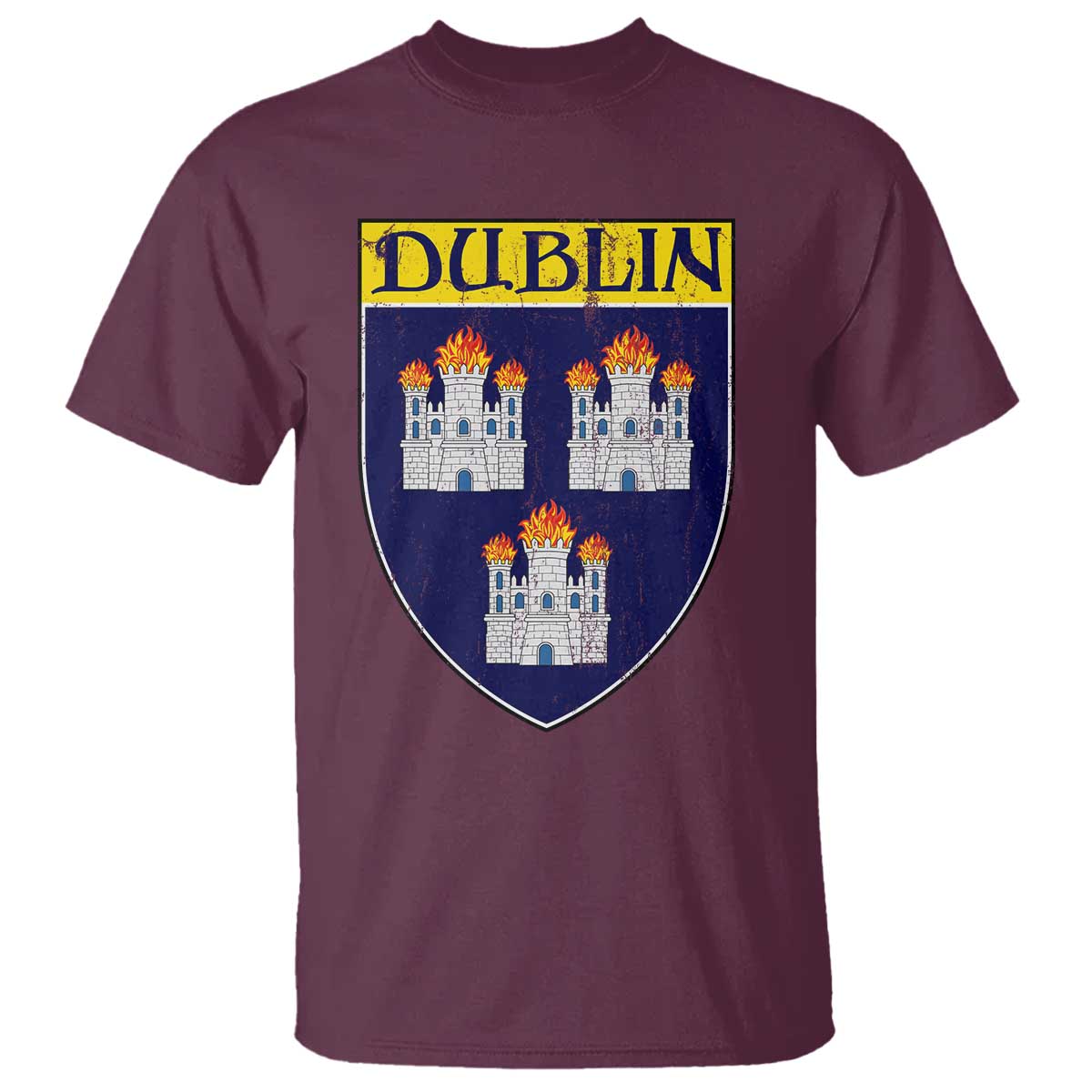 Dublin Ireland T Shirt The Coat of Arms of Dublin Three Burning Castles TS11 Maroon Print Your Wear