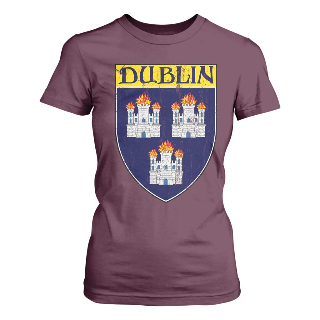 Dublin Ireland T Shirt For Women The Coat of Arms of Dublin Three Burning Castles TS11 Maroon Print Your Wear