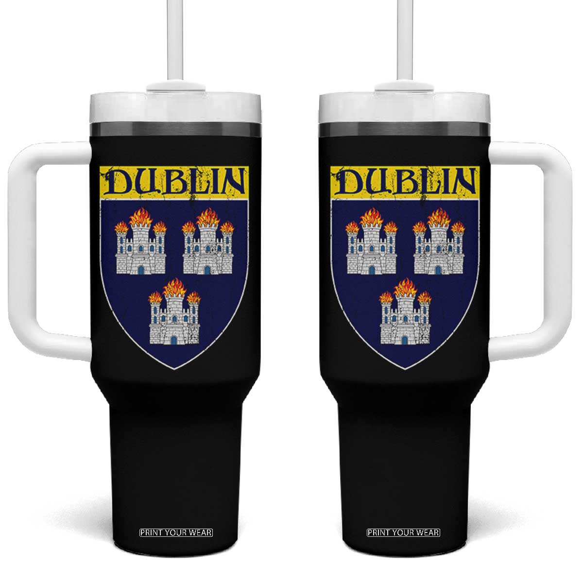 Dublin Ireland Tumbler With Handle The Coat of Arms of Dublin Three Burning Castles TS11 One Size: 40 oz Black Print Your Wear