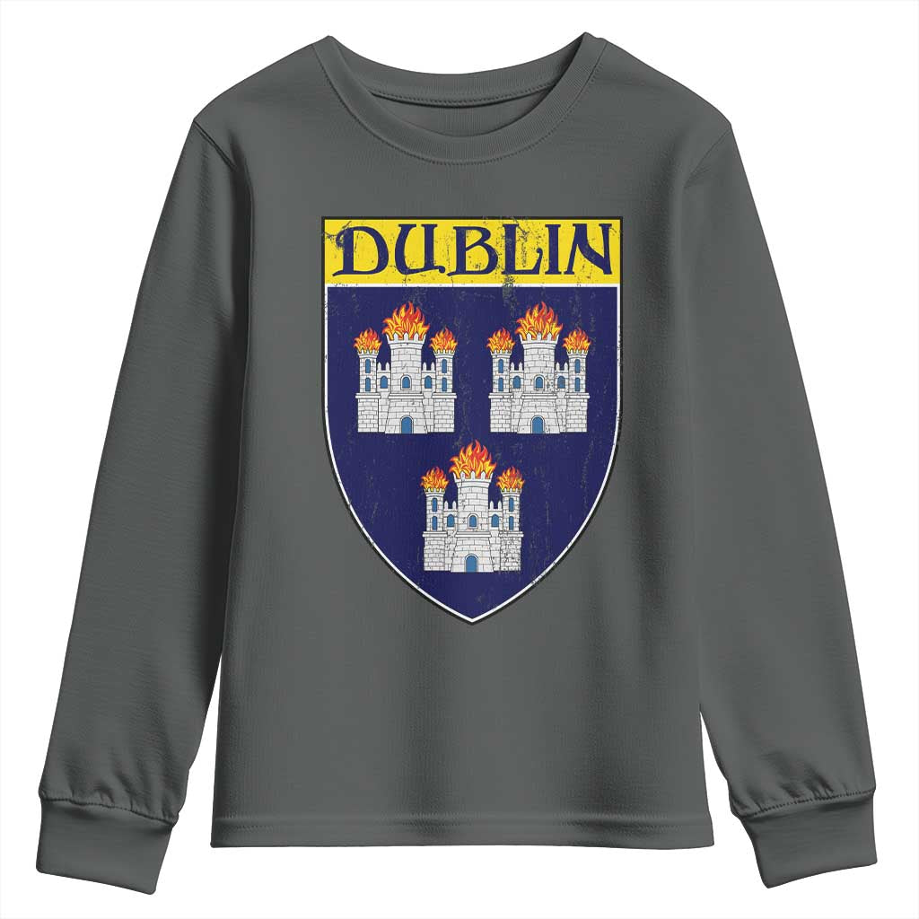 Dublin Ireland Youth Sweatshirt The Coat of Arms of Dublin Three Burning Castles TS11 Dark Heather Print Your Wear