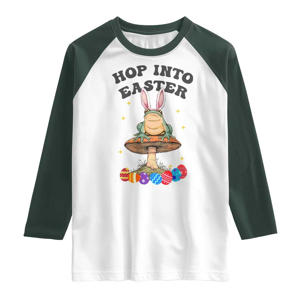 Funny Hop Into Easter Raglan Shirt Easter Day Frog Bunny Egg TS11 White Dark Forest Green Print Your Wear