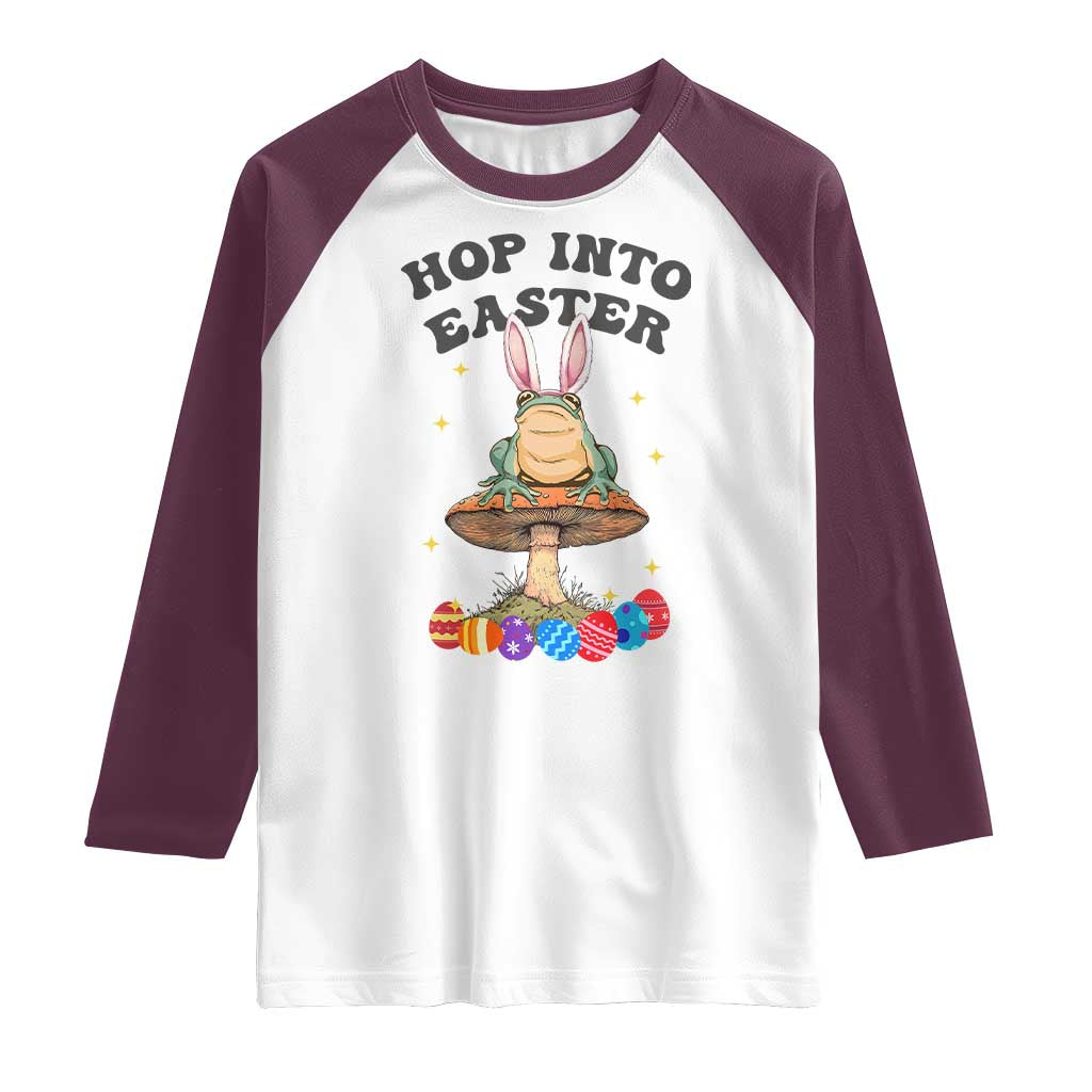 Funny Hop Into Easter Raglan Shirt Easter Day Frog Bunny Egg TS11 White Maroon Print Your Wear